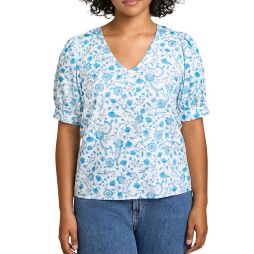 Draper James V-Neck Puff Sleeve Top NWT XS Blue Paisley